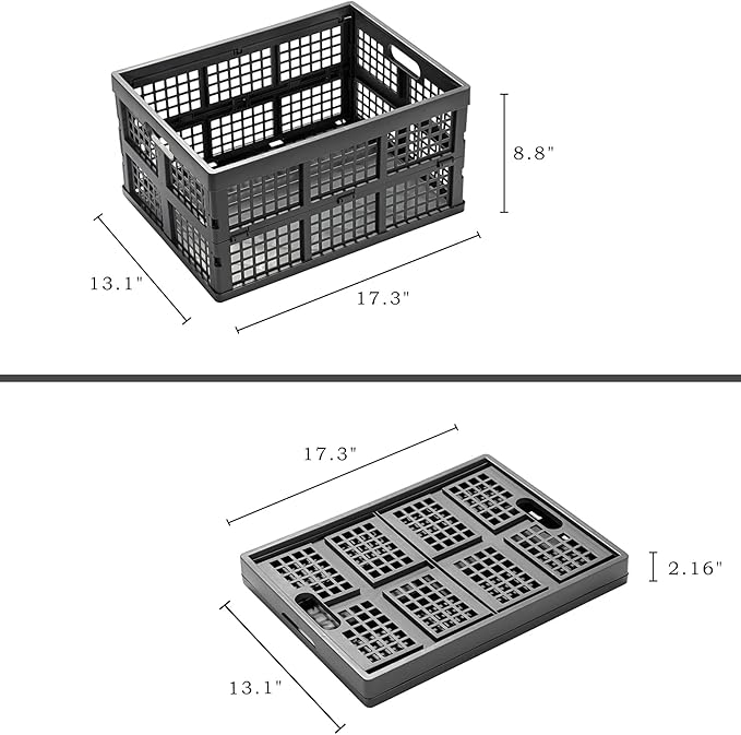 34L Large Plastic Folding Storage Crates,Collapsible Crates for Storage,Pack of 3 (Grey)