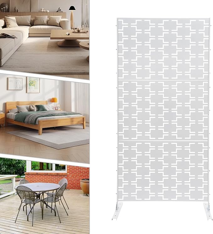 Outdoor Metal Privacy Screen with Stand, 35.4" W x 75" H Freestanding Metal Slatted Decorative Privacy Screen and Panels for Patio Garden Balcony Porch (White Rectangular)