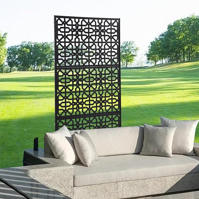 75" H×35" W Decorative Outdoor Privacy Screen with Stand, Outdoor Decor Privacy Fence Screen Metal Fence Panels, Free Standing Metal Divider for Patio Lawn Deck (Black-Knot)