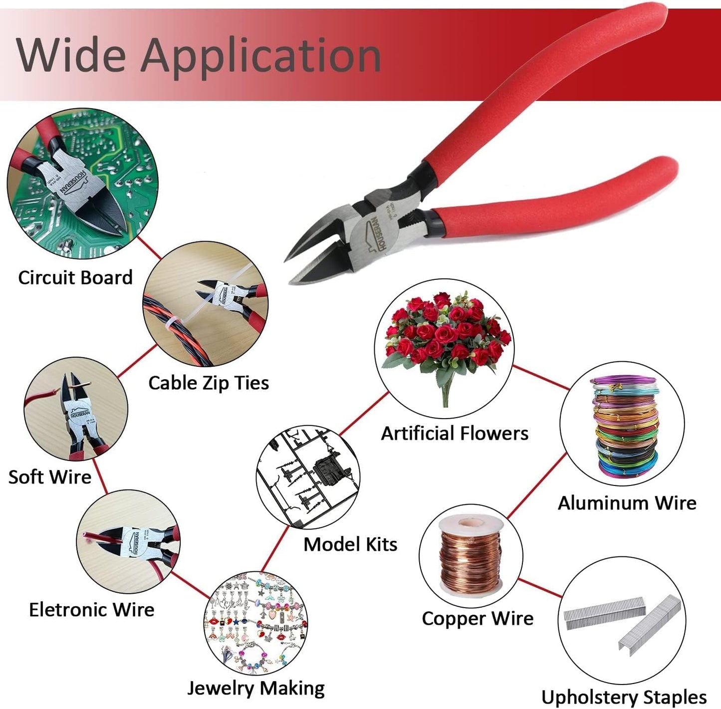 Wire Cutters, 5 PACK, 6" Wire Cutter Set, HOUSERAN Side Cutters Flush Cut Pliers, Diagonal Cutting Pliers with 2 Layers Non-slip Handle, Spring Loaded Wire Cutters for Jewelry Making, Crafts, Zip Tie