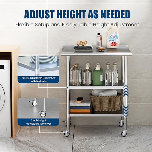 Stainless Steel Work Table with Wheels, 24x30 Inch NSF Food Prep Table with Backsplash & 2 Adjustable Undershelves for Commercial Kitchen, Restaurant, Garage