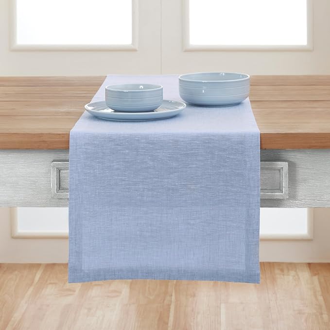 Solino Home Linen Table Runner 36 Inches - 100% Pure Linen Chambray Blue Table Runner 14 x 36 Inch Ideal for Dresser and Coffee Tables, Spring, Easter - Athena