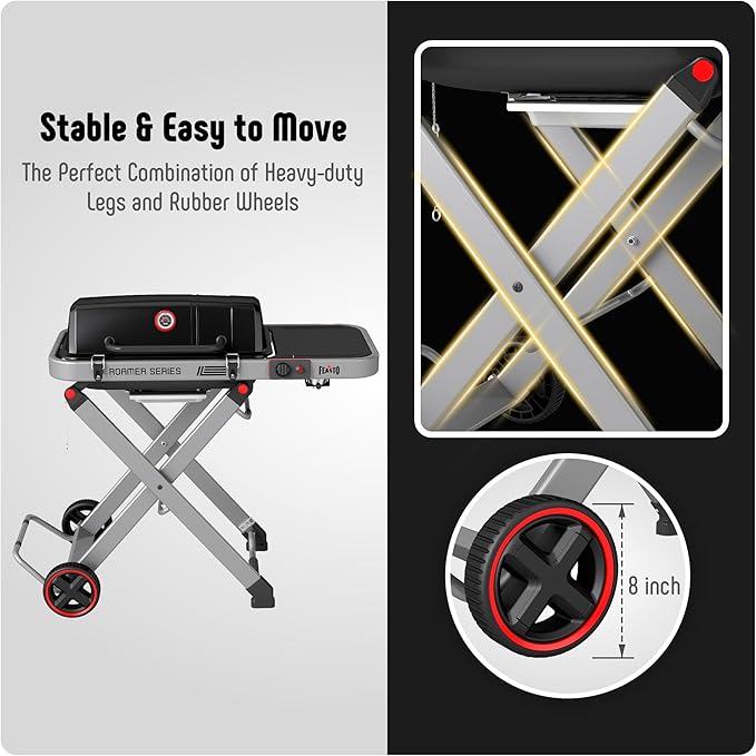 Portable Propane Gas Grill with Folding Cart & 13000 BTUs Burner, 360 Sq. In. Cast Iron Cooking Grates, Side Table, 8" Wheels, Stainless Grease Tray, Black Includes Propane Adapter Hose.