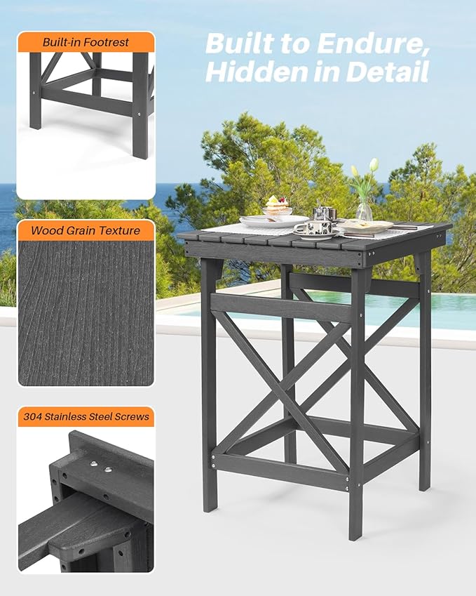 HDPE Outdoor Bar Table, 41" Adirondack Outdoor Bar Height Table, All Weather HDPE Patio High Top Pub Table, Square HDPE Patio Bar Tables for Balcony, Deck, Backyard, Poolside, Smoke Gray