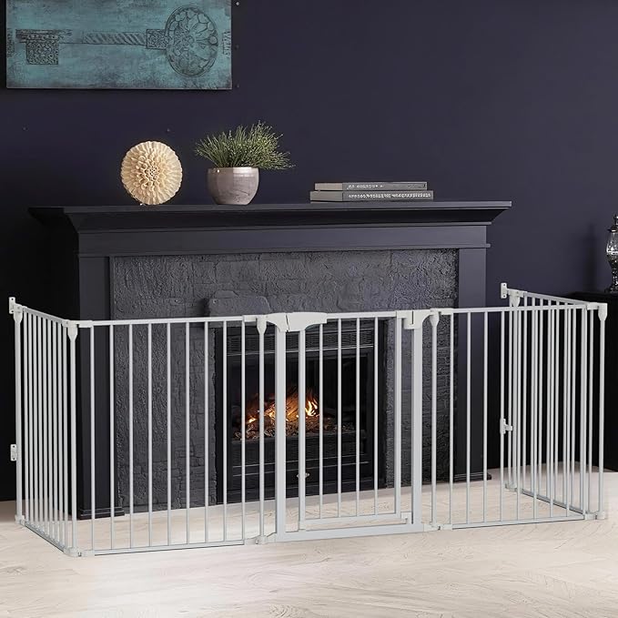 Bonnlo 120-Inch Wide Metal Baby Safety Fence/Play Yard Adjustable Fireplace Hearth BBQ Fire Gate Christmas Tree Gate 5-Panel Playpen for Toddler/Pet/Puppy/Cat/Dog, 25.39"W x 29.3" H Each Panel, White