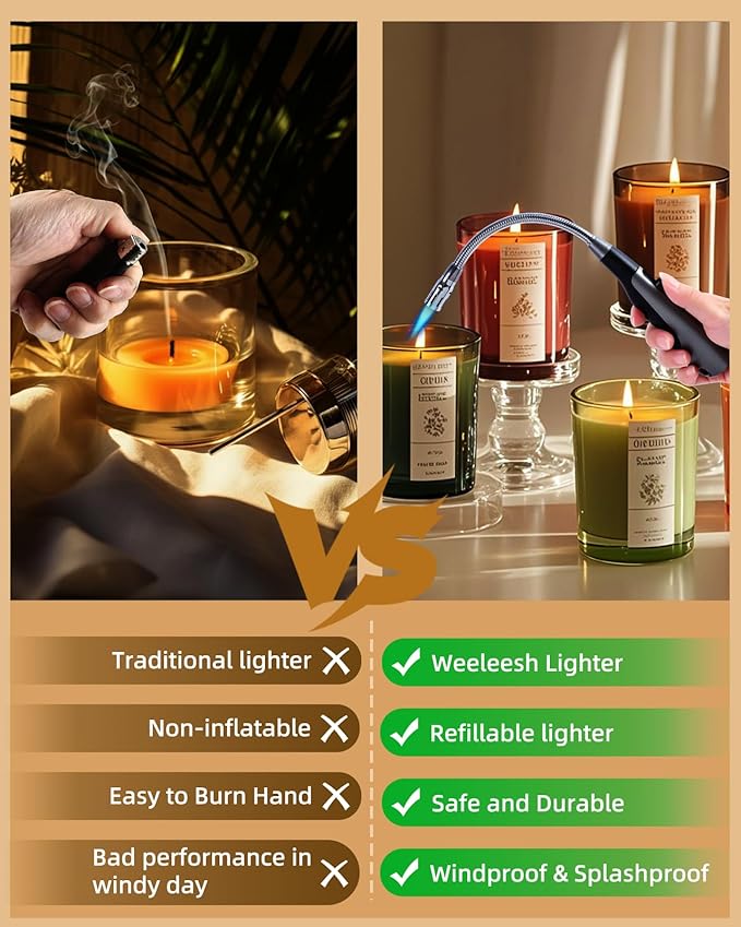 Butane Lighter Long Jet Flame Lighter, Refillable Torch, 360° Flexible Neck, Windproof Jet Flame, Visual Fuel Window, for Fireplace Kitchen Grill BBQ Camping Candle(No Butane Included)