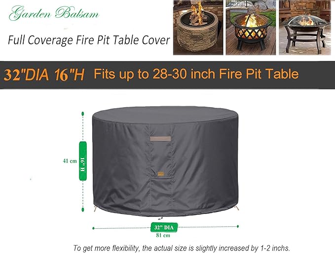 Fire Pit Cover 600D Heavy Duty Waterproof Fabric With PVC Coating Round 32" Dia x 16" H Dark Grey Fits 28-30 inch Fire Pit Table Fade Resistant Outdoor Firepit Cover