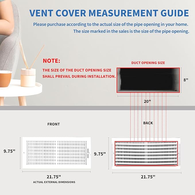 20x8 Vent Register [Duct Opening], Vent Covers for Home Ceiling, Two-Way Ventilation Register, Adjustable Solid Steel Wall Register Vent Cover (20"W x8"H [Duct Opening])