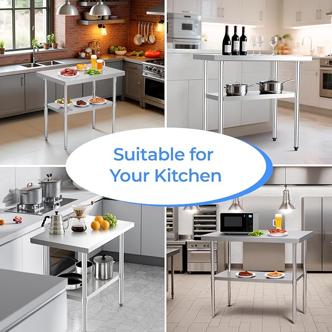 NUUK Heavy Duty Commercial Worktable 24" x 36" Restaurant Kitchen Food Prep Work Table Adjustable Height Stainless Steel Grill Workstation for Home and Hotel