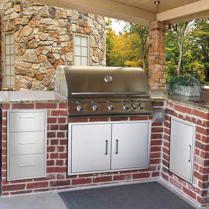 yuxiangBBQ 17" W x 30" H x 21" D Stainless Steel Outdoor Kitchen Drawers BBQ Drawers Double Access Drawer w/Paper Towel Holder Drawer Combo Flush Mount for Outdoor Kitchens Or BBQ Island