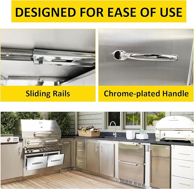 Outdoor Kitchen Drawers 30" W x 10" H x 20" D Flush Mount Horizontal Double Drawers with Chrome Handle,Stainless Steel Built-in BBQ Drawer for Outdoor Kitchen Island, Patio Grill Station