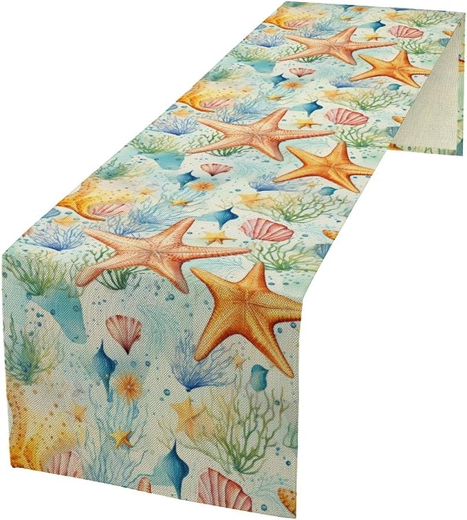 Starfish Conch Shell Table Runners, Season Coastal Marine Life Table Runners for Kitchen Dining Outdoor Home Party 13x70in