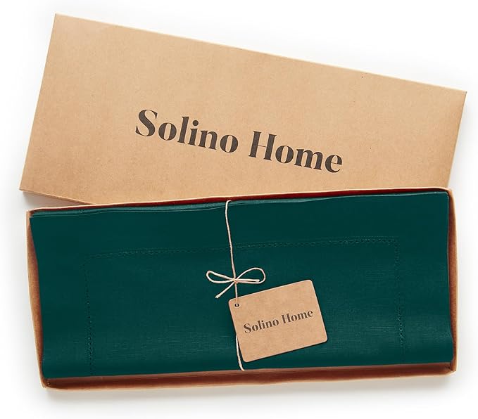 Solino Home Cotton Linen Dark Green Table Runner 108 Inches Long - Hemstitch 14 x 108 Inch Table Runner for Winter, St Patricks Day - Handcrafted and Machine Washable