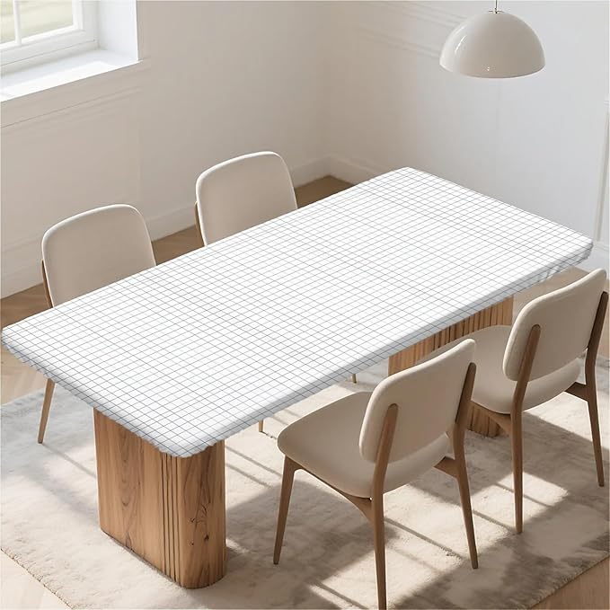 Rectangle Table Cloth Cover Waterproof Elastic Fitted Polyester Fitted Tablecloths for 6 Foot Tables for Indoor,Picnic, Camping, Outdoor （60" x 30"，White Grid）