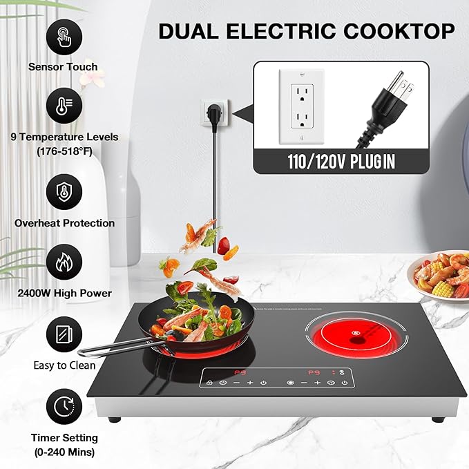 Electric Cooktop,110V 2400W 2 Burner Electric Cooktop,Countertop and Built-in Stove top with 9 Power Levels,Child Safety Lock, Timer, LED touch control,Overheat Protection