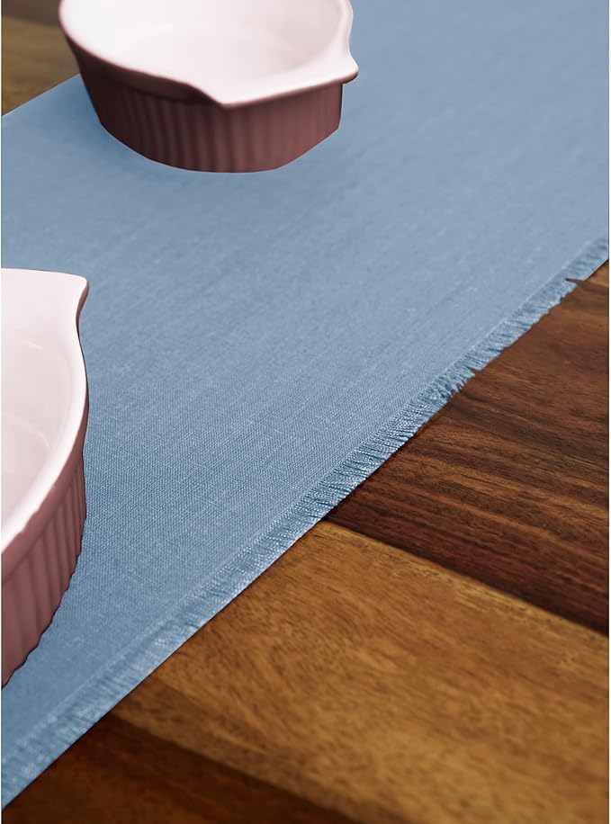 Solino Home Linen Dusty Chambray Blue Table Runner 108 Inches Long - Fringe, 100% Pure Linen 14 x 108 Inch Table Runner for Winter, Spring, Easter