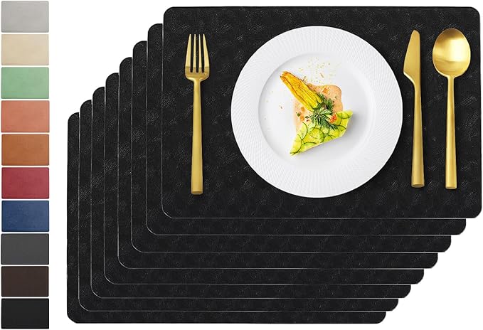 Vinyl Placemats Set of 8 Faux Leather 100% Waterproof Wipeable Washable Place Mats Heat Resistant Easy Clean Non-Slip Table Mats for Indoor Outdoor. (8,Black)