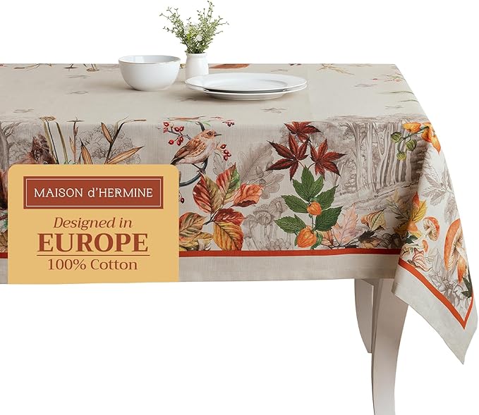 Maison d' Hermine Table Cloth Rectangle Table 100% Cotton 70 x 140 Inches Fall Tablecloth Reusable Everyday Use for Thanksgiving Christmas Decorations Dining Farmhouse Party (Recolte)