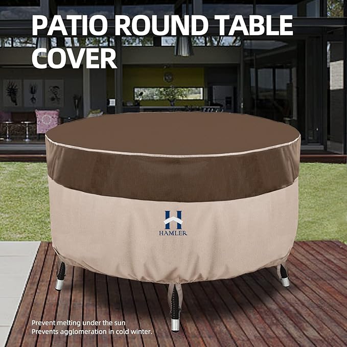 HAMLER Round Outdoor Table Cover, Heavy Duty Outdoor Table Chair Set Covers with Air Vents and Handles, Patio Table Cover Fits up to 62" D x 27.5" H, Brown & Beige