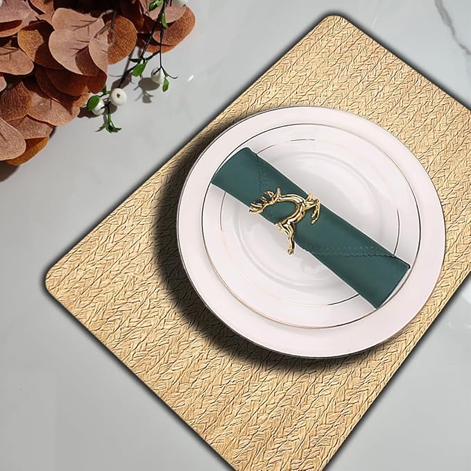 PIGCHCY Waterproof PVC Place Mats Set of 6, Non-Slip Faux Leather Placemats Rattan Pattern Surface Table Mats for Wedding/Birthday Party/Kitchen (18"x12", Golden Beige)