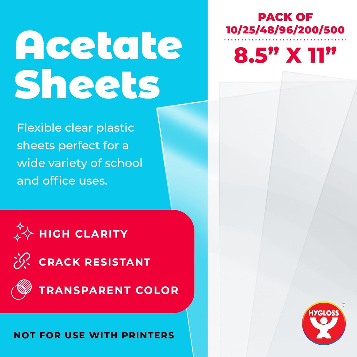 Hygloss 8.5" x 11" Acetate Paper - 7 Mil Clear Acetate Sheets for Crafts Projects, Classroom Stencil Sheets, Overhead Transparency Sheets for Projector, Clear Plastic Sheet (Not for Printers) 200 Pack