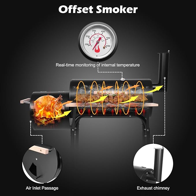 30 Inch Barrel Charcoal Grill & Smoker with Side Fire Box, Outdoor BBQ Grill for Patio Cooking with Front Wood Shelf & Wheels, Black