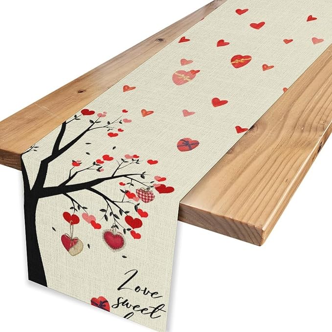 Valentines Day Table Runner,Rustic Love Tree Red Black Heart Valentines Runner for Table Seasonal Artistic Decor for Indoor Outdoor Dining Table Decorations, 13"x36"
