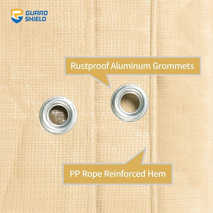 GUARD SHIELD Beige Tarp Heavy Duty Waterproof 12x12 Feet Outdoor Poly Tarps Cover Square Thick UV Resistant Canopy Tarpaulin with Grommets 10mil