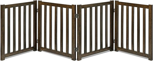 LZRS 4-Panel Wooden Free Standing Foldable Dog Gate Indoor – 24" High, Extra Wide Step-Over Safety Pet Gate for Doorways, Stairs, Hallways, Large Spaces & Playpen for Puppies Indoor Use, Walnut