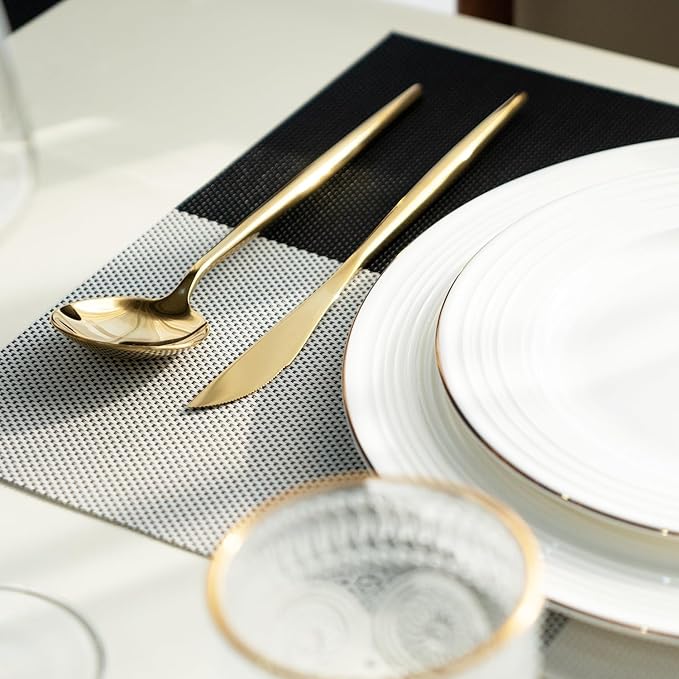 Placemats Set of 6 Vinyl/Plastic Woven Place Mats for Kitchen Table Indoor/Outdoor Washable Placemat Wipeable Dining Table Mats (Grey Grid,6)