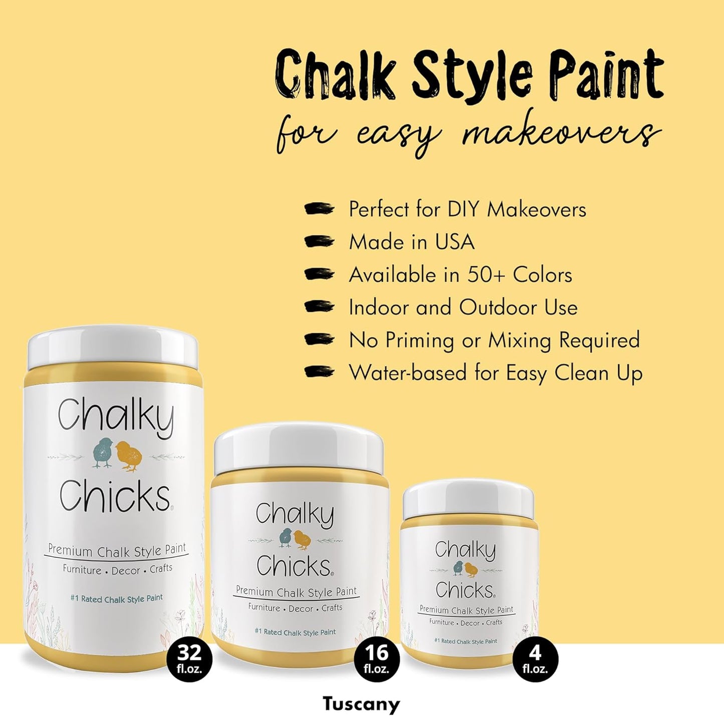 Chalky Chicks All-in-One Chalk Paint for Furniture or Cabinet - 16 Fl Oz - Matte Finish Tuscany (Yellow) for Metal, Wood Furniture Paint - No Sanding All-in-One for Home Decor & Crafts, USA Made