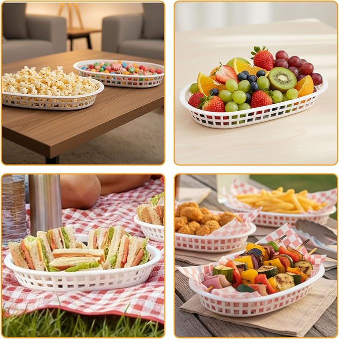 Fast Food Baskets 16-Pack, 10 x 6 Inch Plastic Oval Serving Baskets for Burgers,Bread, Fries & Sandwiches, Restaurant Diner Cafeteria Food Truck Party Use, Reusable&Stackable(White)