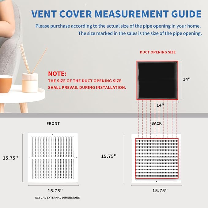 14x14 Vent Register [Duct Opening], Vent Covers for Home Ceiling, Two-Way Ventilation Register, Adjustable Solid Steel Wall Register Vent Cover (14"W x 14"H [Duct Opening])