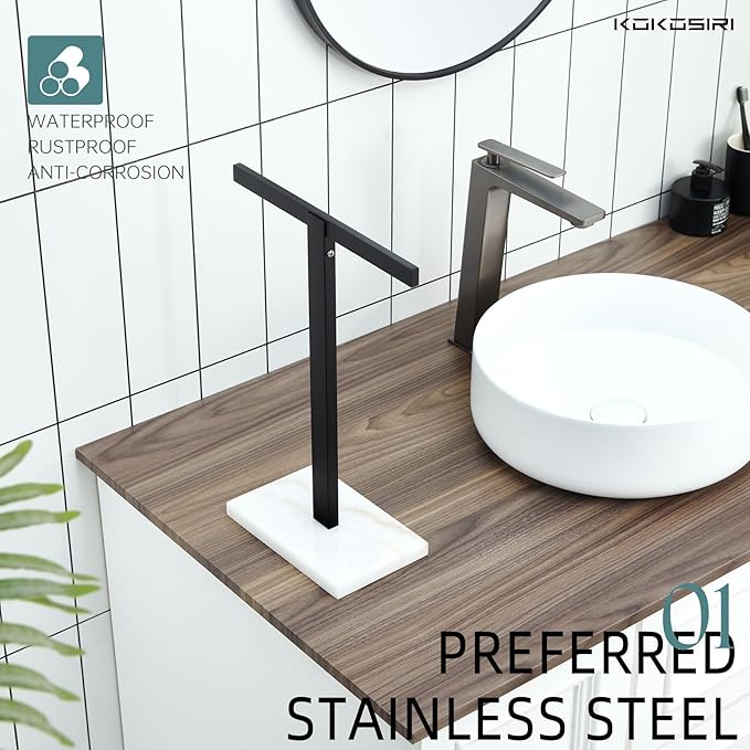 KOKOSIRI Hand Towel Holder Black Stand Towel Rack with Marble Base for Bathroom Kitchen Vanity Countertop, Stainless Steel 15.7'' Height THS0002-SM-BK