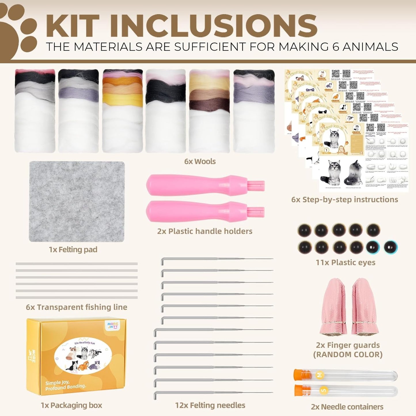 MOREJMTT Needle Felting Kit, 6 PCS Animal Needle Felting Beginner Kits, Wool Felt Needle Felting Tools Foam Pad, Craft Party Supplies for Beginners Adult(Cat Family)