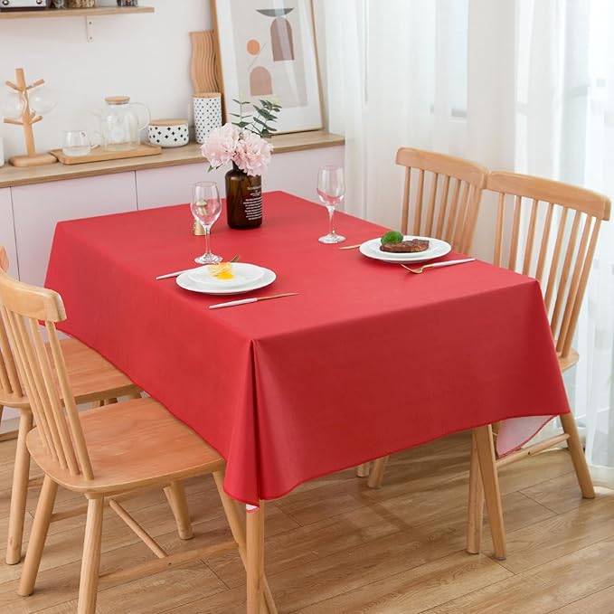LIBERECOO Vinyl Tablecloth with Flannel Backing, Red, Waterproof, Stain-Resistant, Easy-Clean Table Cover for Holiday, Dining, Kitchen, and Outdoor Use, 60" x 84" Rectangle