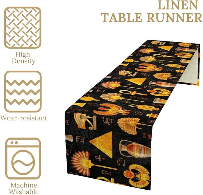 Egyptian Table Runner, Retro Egypt Mural Old Hieroglyphic Elements Ancient Mythology Hieroglyph Symbol Printed Kitchen Dining Table Runner for Kitchen Living Room Home Party 13x70in