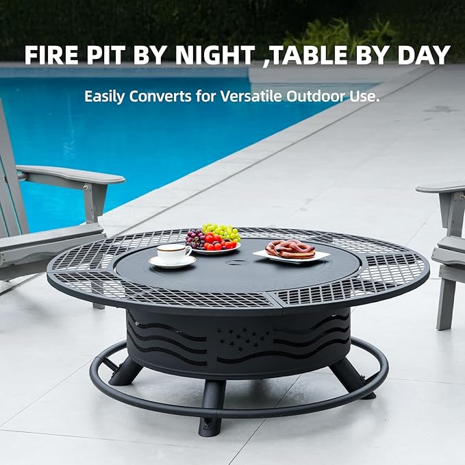 47 Inch Fire Pit with 2 Cooking Grates, Outdoor Wood Burning BBQ Grill Firepit Bowl with Cover Lid, Steel Round Table for Backyard Bonfire Patio Picnic (Black, 47IN)