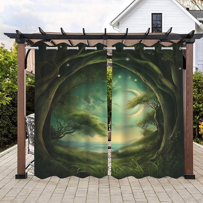 Forest Theme Outdoor Curtains for Patio Waterproof,Trees Moon Lake Pattern,Privacy, Grommet Curtains for Patio, Pergola, Porch, Deck, Lanai, and Cabana,Set of 2 Panels,42 x 84 inch,Green