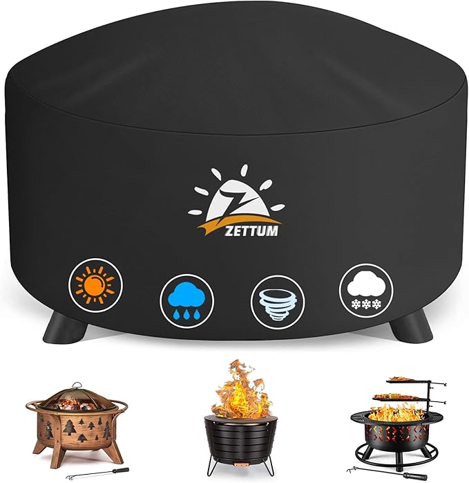 Zettum Fire Pit Cover Round 54 Inch - Outdoor Firepit Cover Heavy Duty & Waterproof, 600D Patio Fire Table Cover Large Gas Fire Pit Accessories Fade & Weather Resistant - 54 x 54 x 24 Inch
