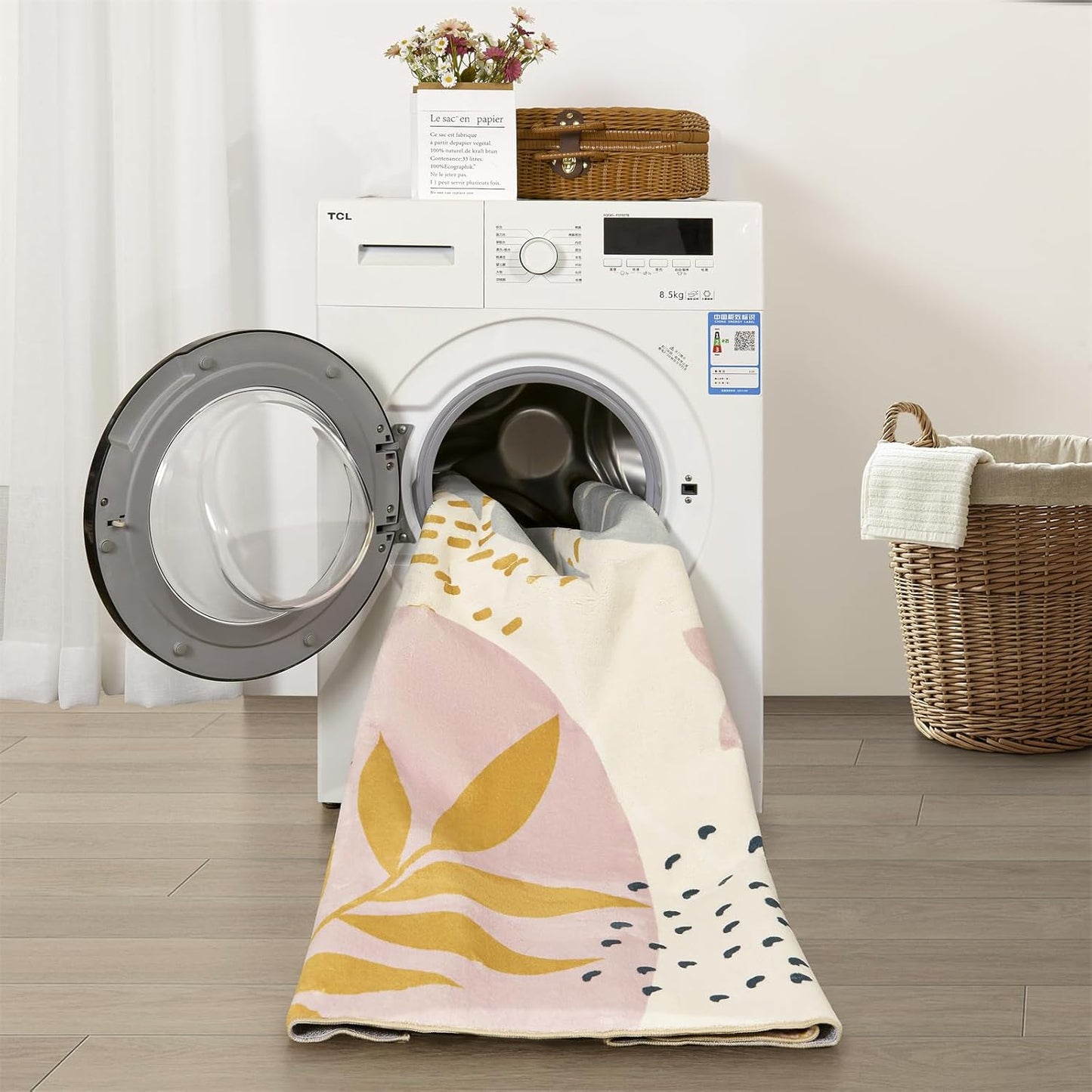 RoomTalks Cute Pink Nuresry Rug Washable, Boho Modern Contemporary Aesthetic 5x7 Area Rugs for Bedroom Dining Living Room Dorm, Abstract Art Tropical Leaves Thin Indoor Entryway Rug Carpet