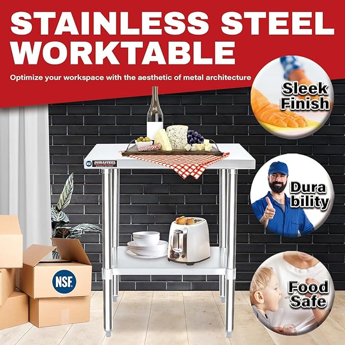 DuraSteel 30x18 Stainless Steel Work Table - NSF Commercial Prep Metal Table - Outdoor Pizza Oven Stand w/Under Shelf - Kitchen Island Laundry Utility Garage Microwave Stand Large Rolling Storage Cart