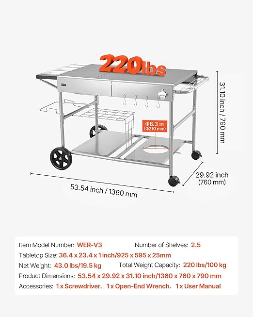 VEVOR Outdoor Grill Cart, 36.4 x 23.4 x 1 inch Tabletop Size Grilling Table, Movable Outdoor Cooking Table with 4 Spice Containers, Wheels, Lids, Hooks, BBQ Prep Tables for Picnic, Kitchen, Courtyard