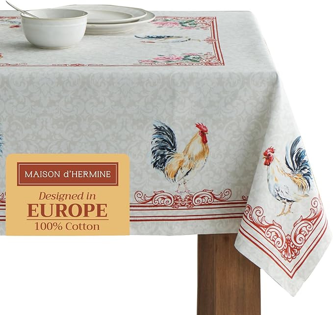 Maison d' Hermine Table Cloth Rectangle Table 100% Cotton 60 x 90 Inches Tablecloth Reusable Decorative Everyday Use for Dining Room, Farmhouse, Home, Party, Festive & Wedding Spring Summer - Campagne