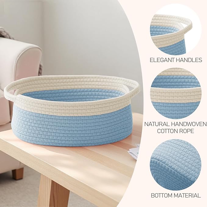 Woven Basket,Small Rope Storage Bin with Handles & Ribbon Bag, Organizer for Shelves Closets,Gift Basket Empty for Birthday,Books,Dog Toys, White&Blue