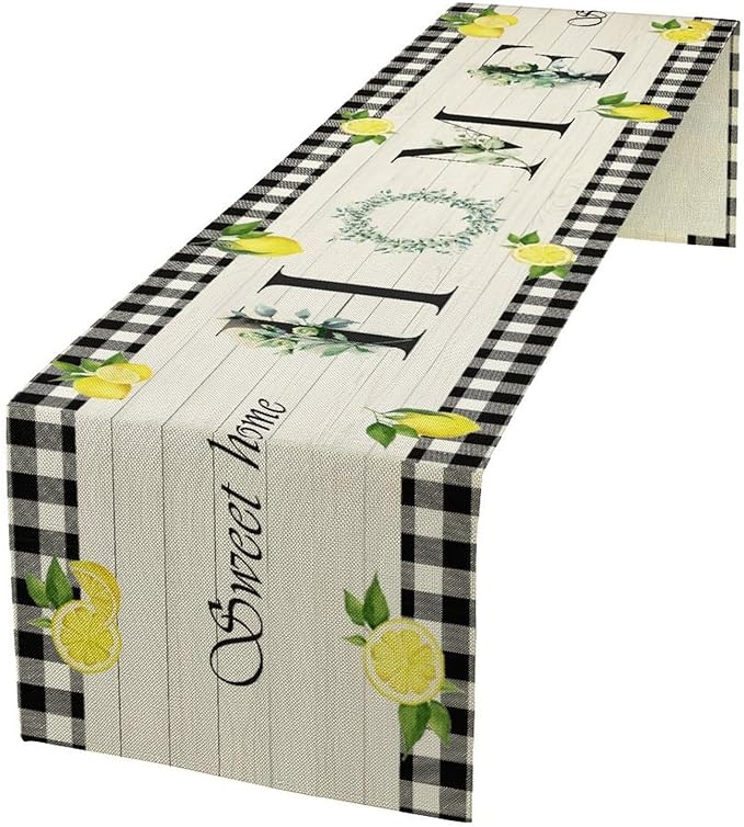 Lemon Fruit Home Table Runner,Vintage Farmhouse Rustic Black White Buffalo Plaid Dining Table Decoration for Home Holiday Party Dresser Kitchen Cabin Restaurant Wedding Decor 13×90in