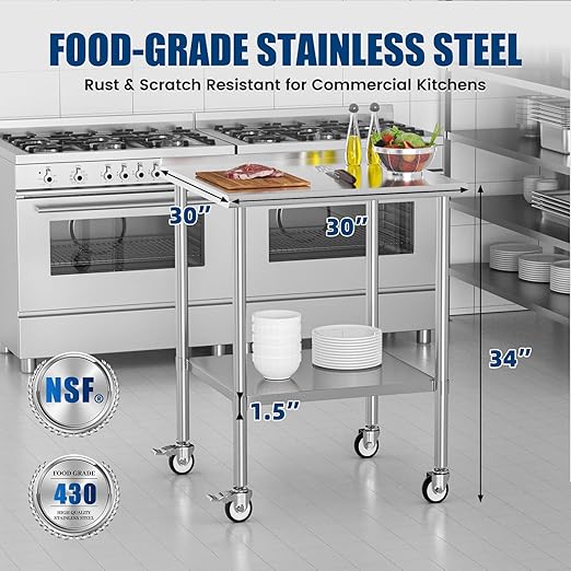 Stainless Steel Work Table with Wheels, 30x30 Inch NSF Food Prep Table with Backsplash & Adjustable Undershelf for Commercial Kitchen, Restaurant, Garage
