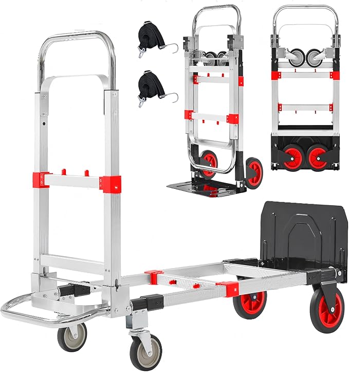 Upgraded 3 in 1 Aluminum Folding Hand Truck, 600lbs Capacity, Heavy Duty Convertible Dolly with Retractable Handle and 4 Rubber Wheels, Collapsible Cart for Moving Home, Office, Warehouse (Red)