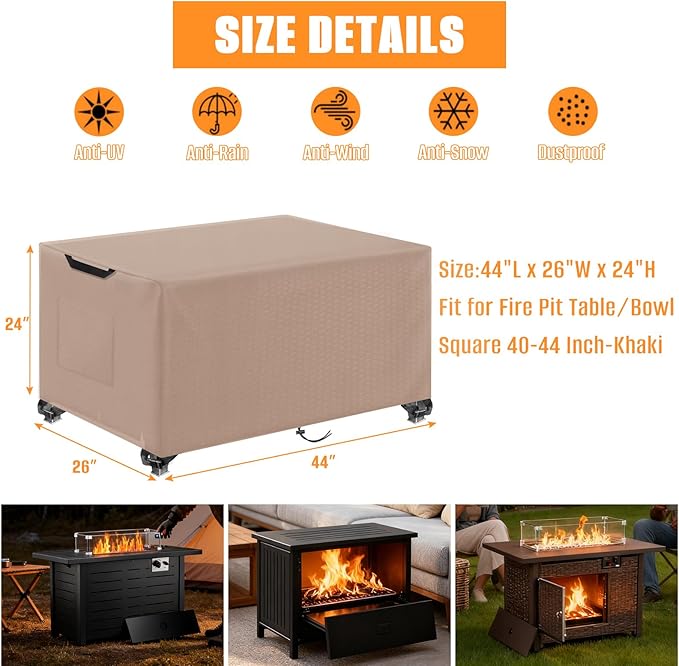 Kovshuiwe Porch Shield Fire Pit Cover Square-600D Fabric Waterproof and Resistant, Fits Outdoor For 40-44 Inch Fire Pit /Table Cover, Gas Fire Pit Cover-44"L x 26"W x 24"H, Khaki