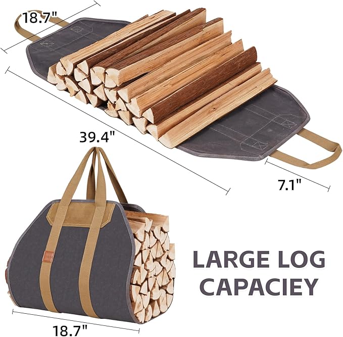 1MORE Firewood Carrier - Wood Carrier for Firewood,Log Carrier for Firewood Tote Bag, 40"X19" Canvas Firewood Carrier, Water Resistant Log Tote Wood Carrying Bag With Handles,Fireplace Tools. Grey